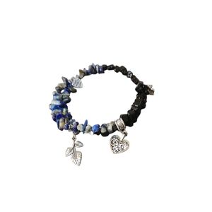 Blue Sodilate/black Onyx Chip Wire Wrap Bracelet.  Handmade With Charms D506